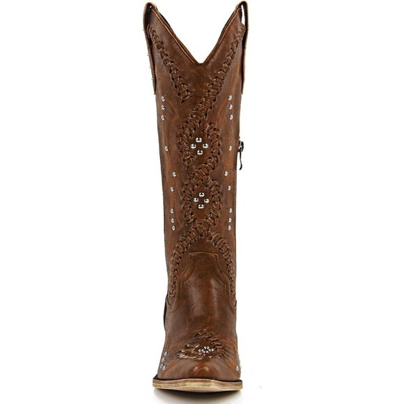 Women's Brown Leather Embroidery Knee High Western Cowgirl Boots Lightweight - Picture 4 of 6